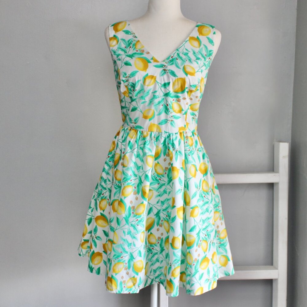 Elle Green Yellow Fit & Flare A-Line Lemon Sleeveless Knee-Length Dress Size 14